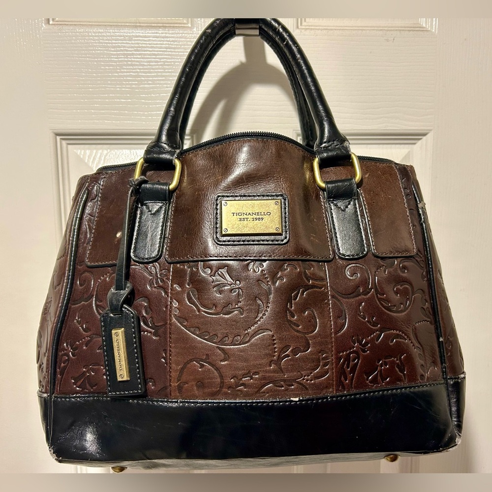Tignanello Embossed Brown and Black Satchel